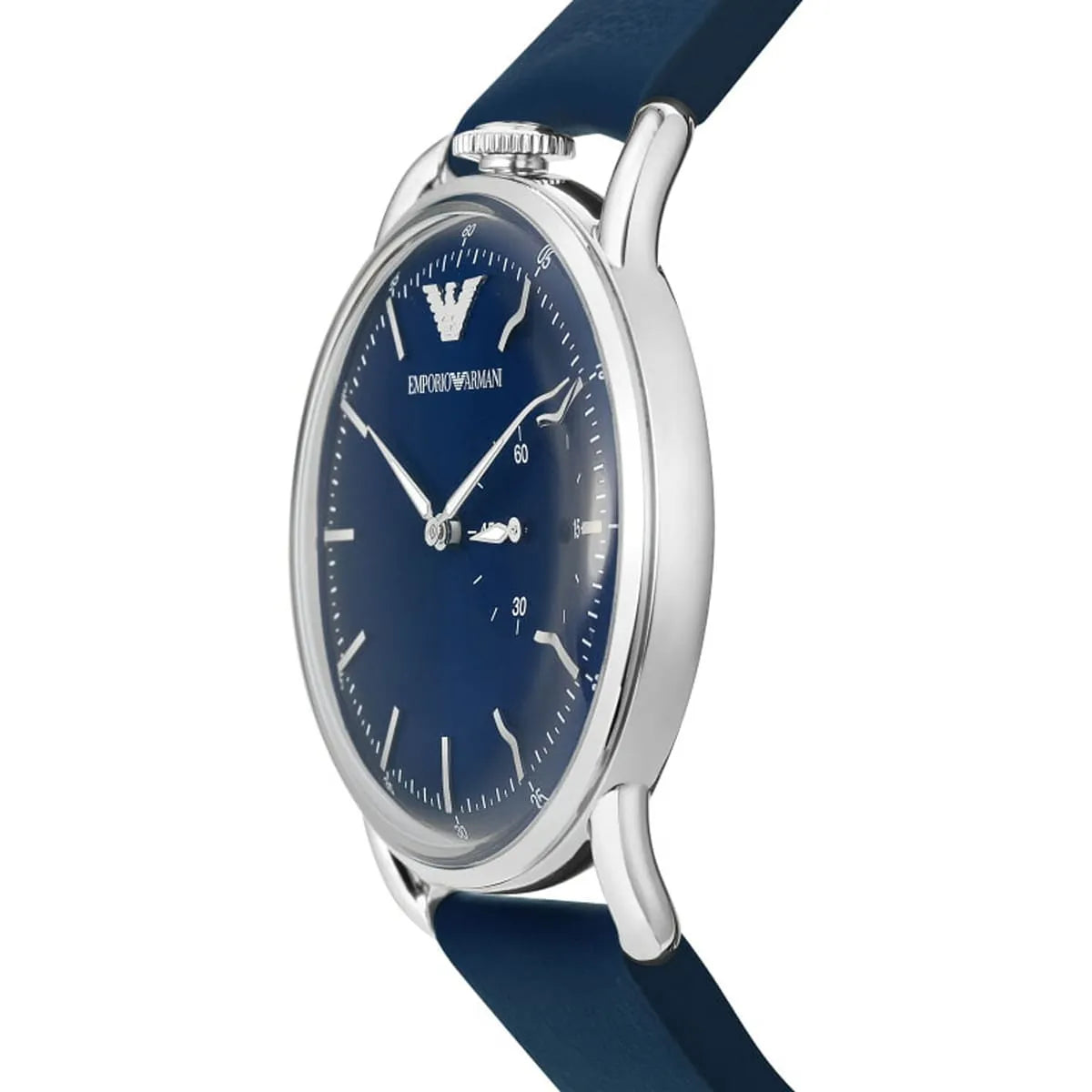 Emporio Armani Aviator AR11335 angled side view with blue dial and navy leather strap