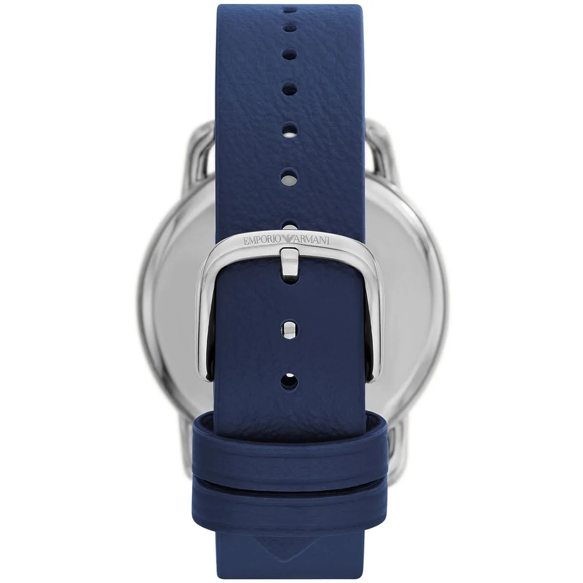 Emporio Armani AR11335 watch caseback view showing silver case and navy leather strap