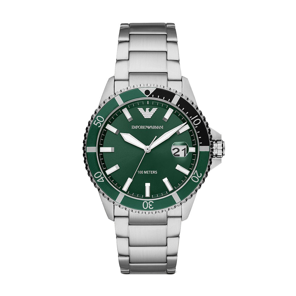 Emporio Armani AR11338 green dial diver watch with silver bracelet and rotating bezel