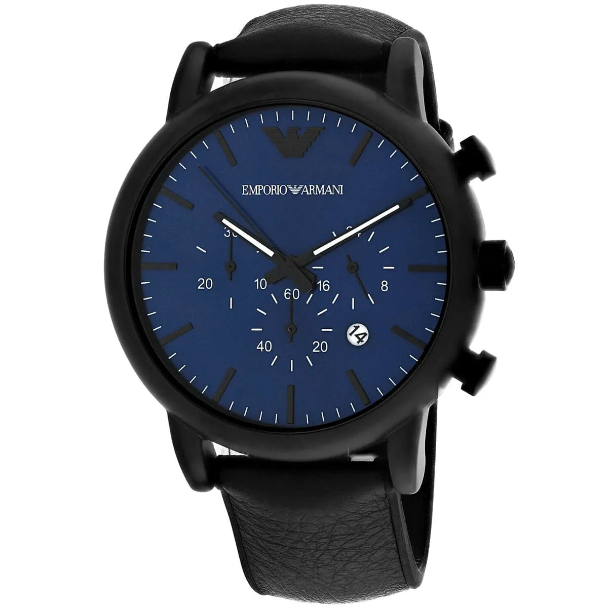 Emporio Armani AR11351 three-quarter view showing blue chronograph dial