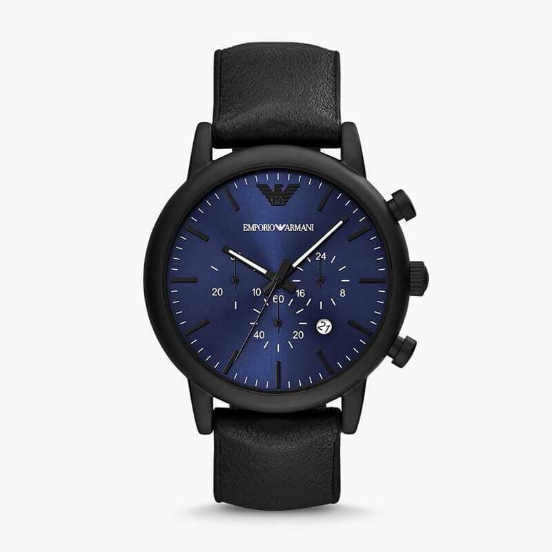 Emporio Armani AR11351 chronograph watch front view with blue dial