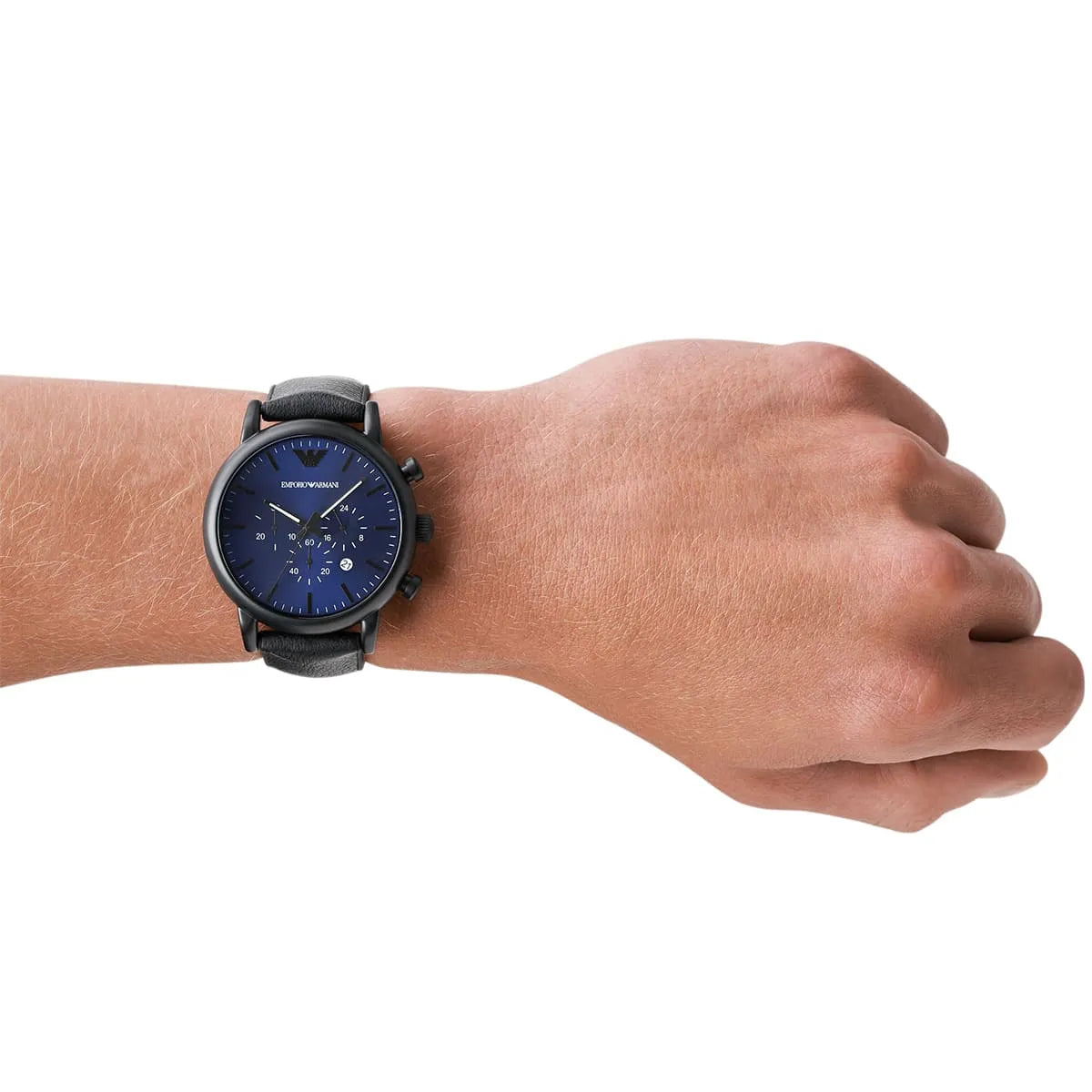 Emporio Armani AR11351 chronograph watch worn on wrist with blue dial visible