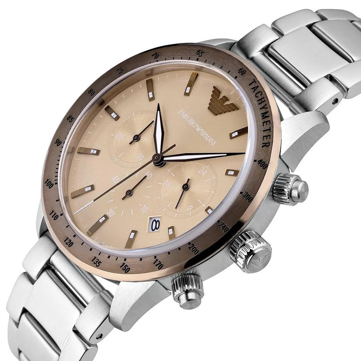 Angled view of Mario chronograph showing brown dial and tachymeter bezel with silver bracelet