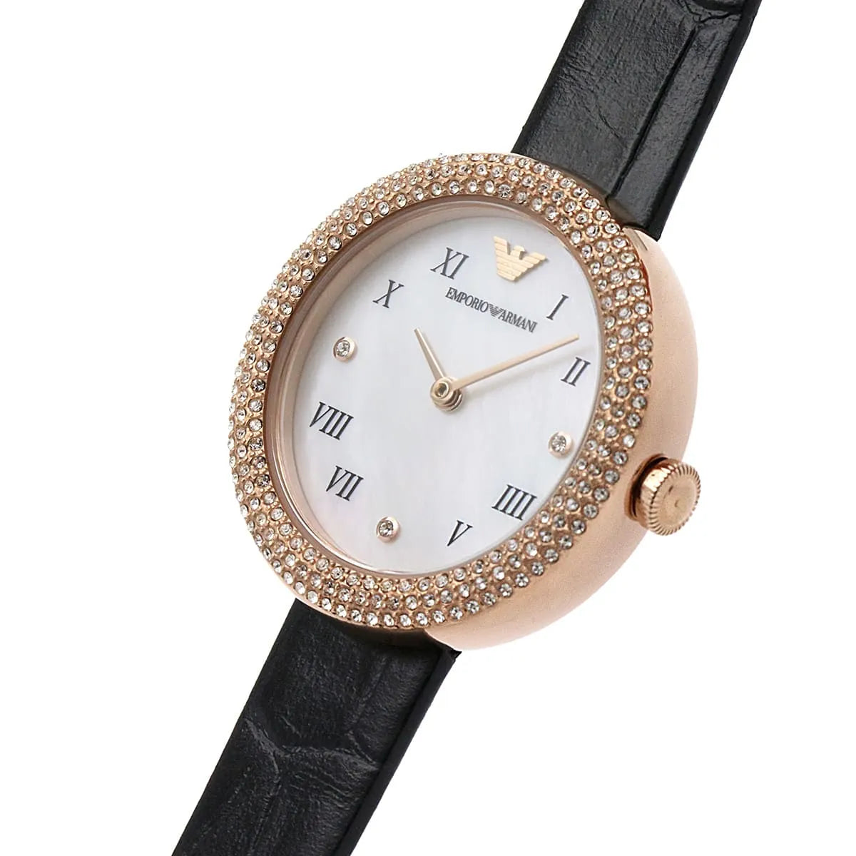 Emporio Armani AR11356 watch angle view showing rose gold case, crystal bezel, and black leather strap