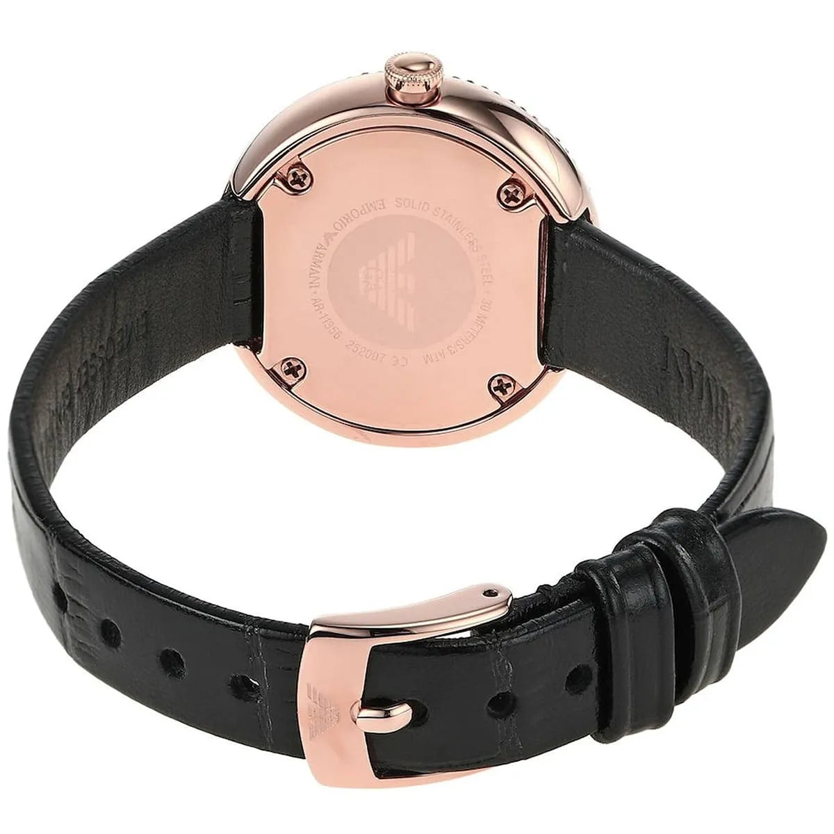 Emporio Armani AR11356 case back detail showing rose gold case and Emporio Armani branding on stainless steel