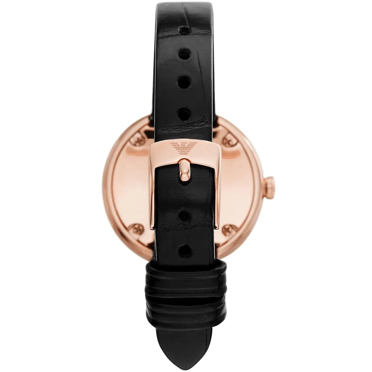 Emporio Armani AR11356 watch case back showing rose gold stainless steel with Emporio Armani logo