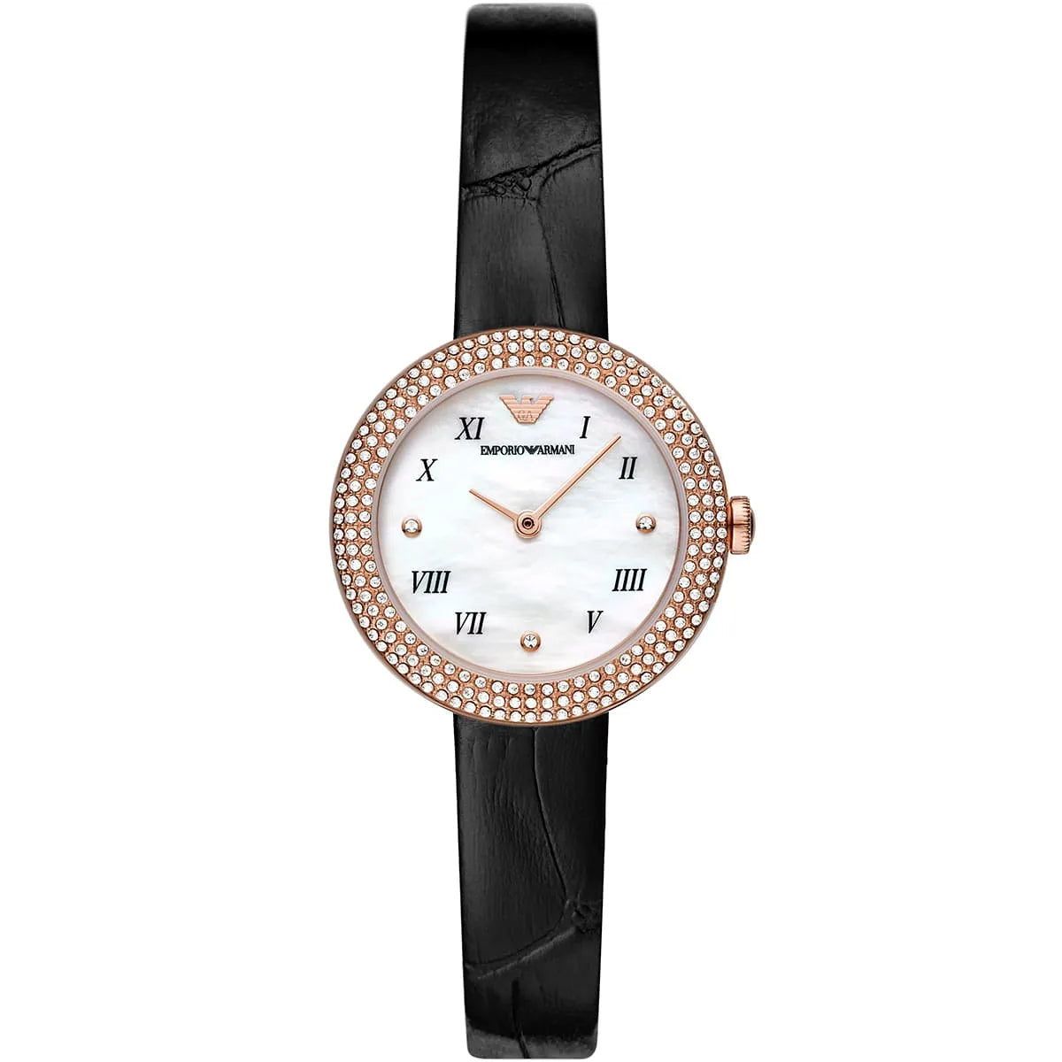 Emporio Armani AR11356 watch front view showing white mother-of-pearl dial with Roman numerals and rose gold bezel