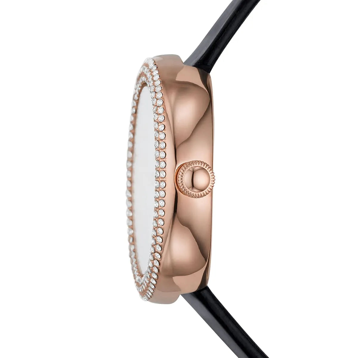 Emporio Armani AR11356 watch side view displaying case profile, black leather strap, and crown detail