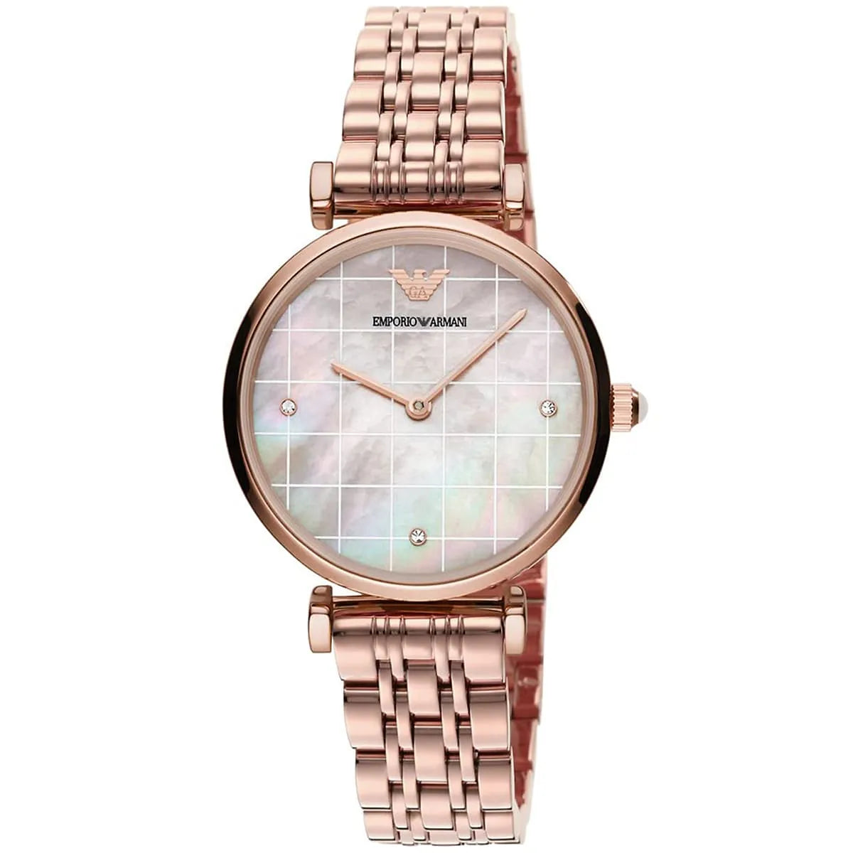 Emporio Armani AR11385 watch at angle showing multicolor dial and rose gold bracelet