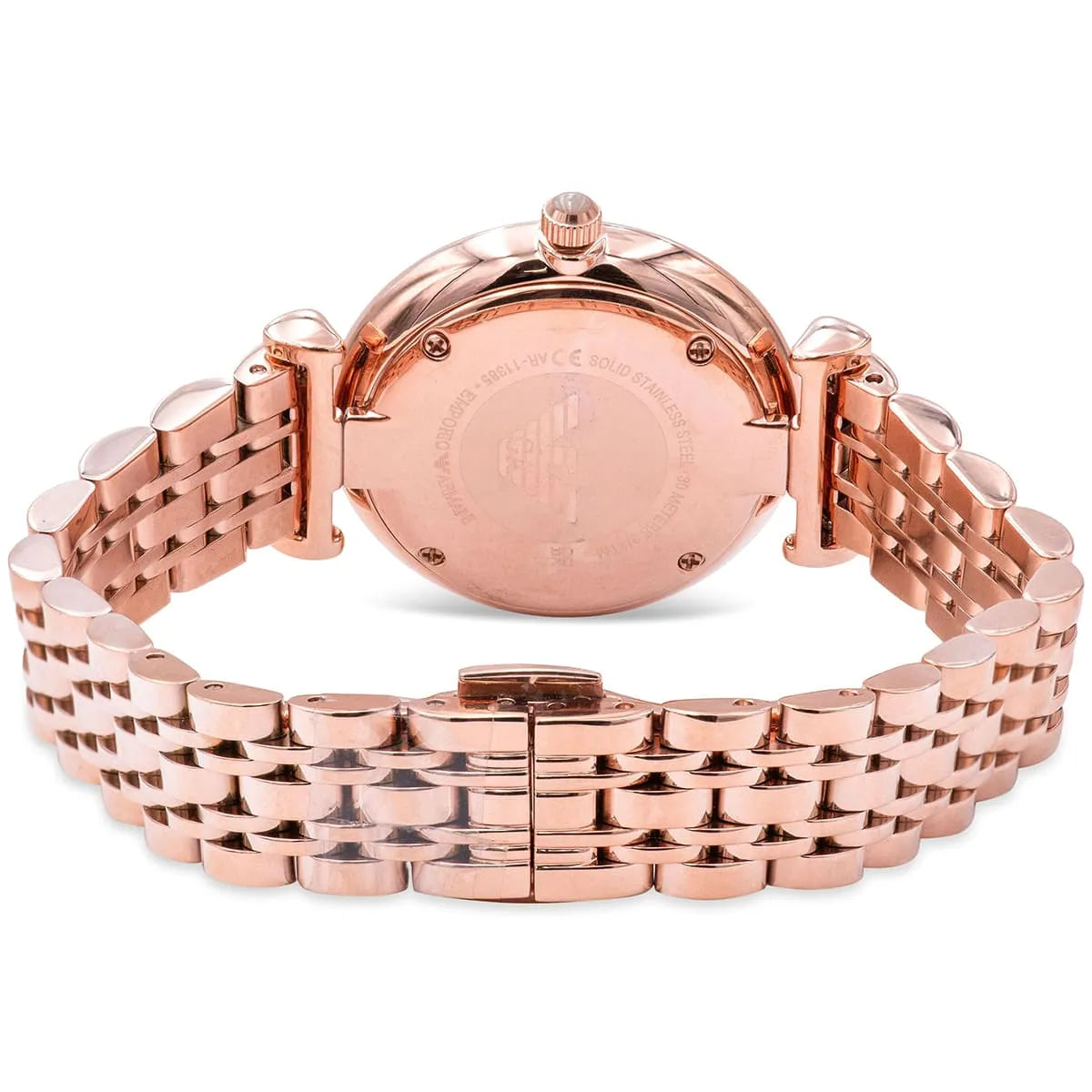 Emporio Armani AR11385 caseback with rose gold stainless steel and deployment clasp