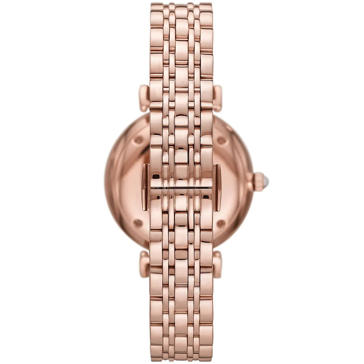 Emporio Armani AR11385 watch caseback showing rose gold stainless steel case