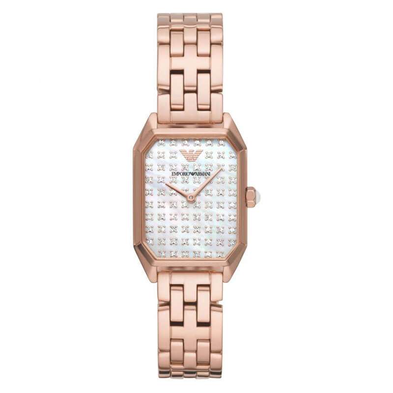 Emporio Armani Gioia watch front view with crystal-embellished mother of pearl dial