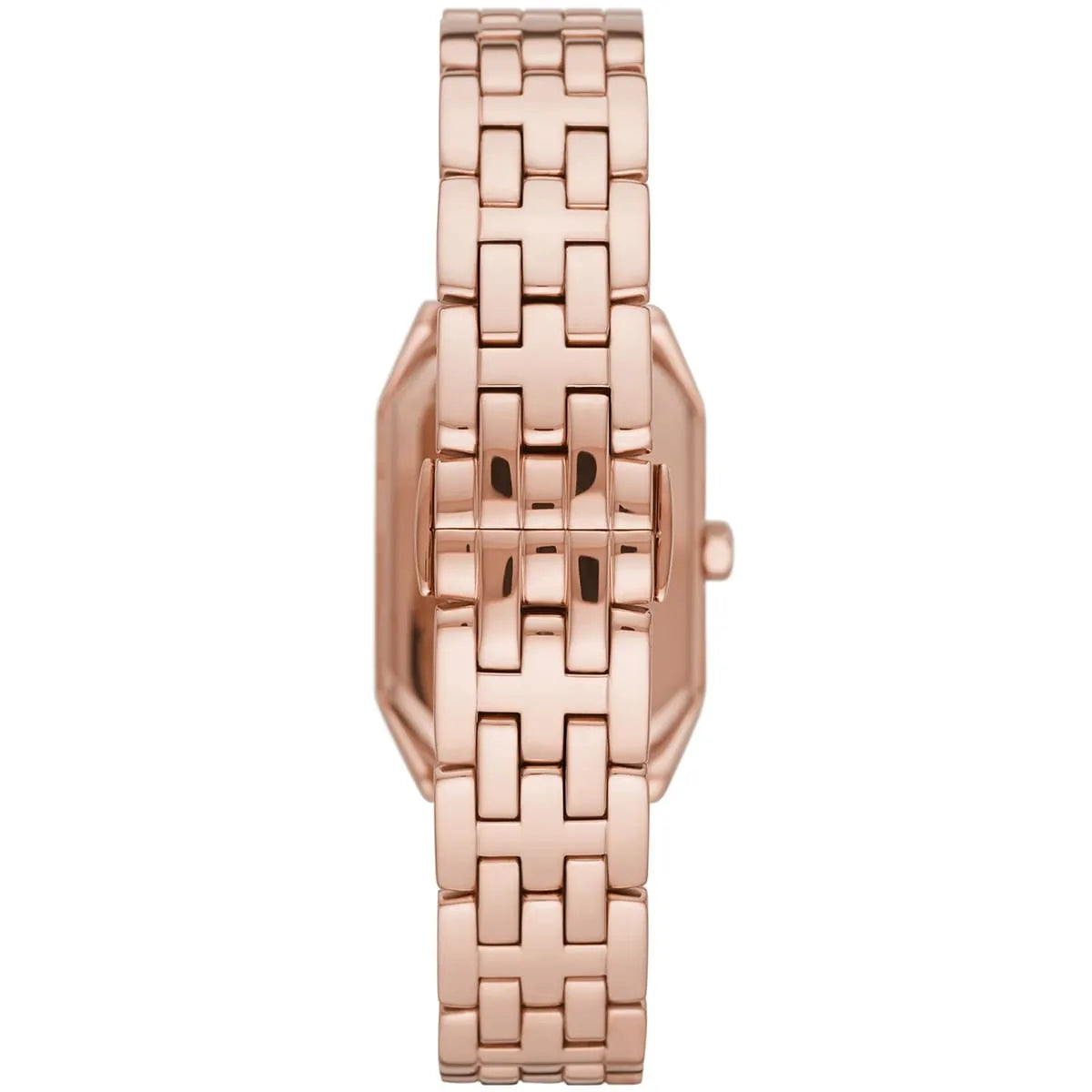 Emporio Armani Gioia watch side profile showing rose gold steel bracelet