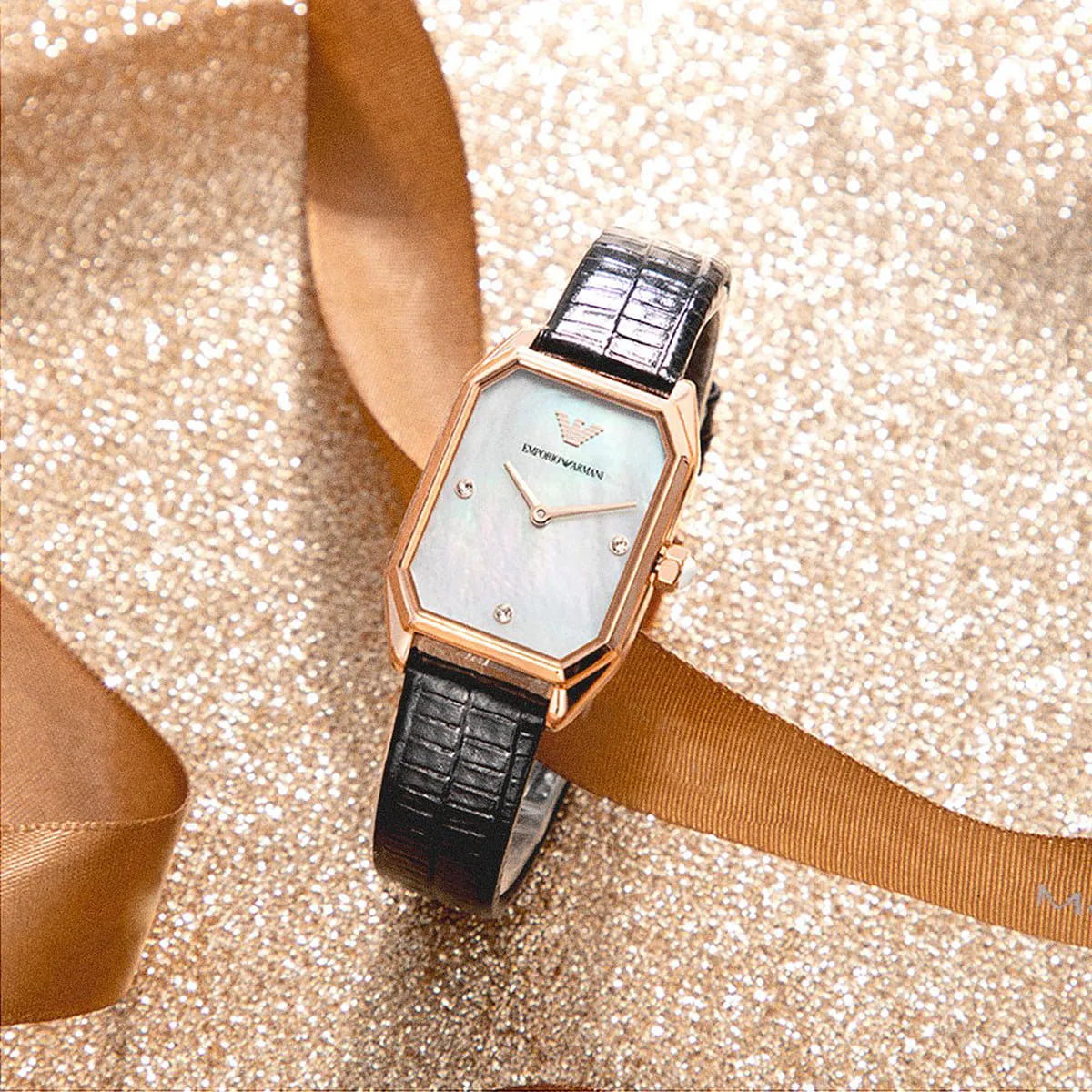 Emporio Armani Gioia Quartz Mother of Pearl Dial Black Leather Strap Watch AR11390