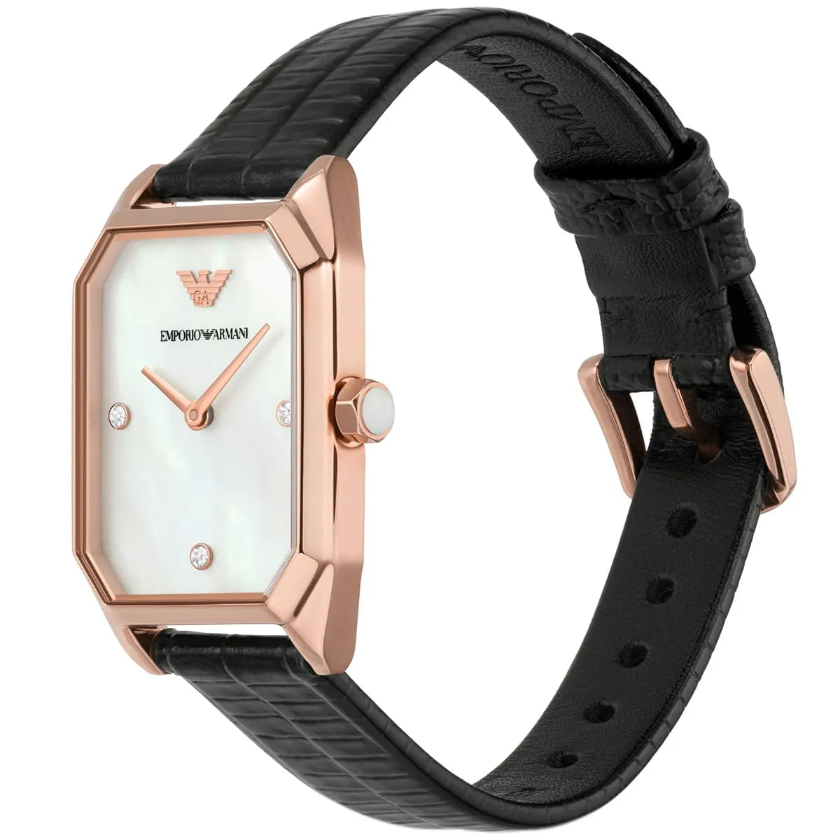 Emporio Armani Gioia Quartz Mother of Pearl Dial Black Leather Strap Watch AR11390