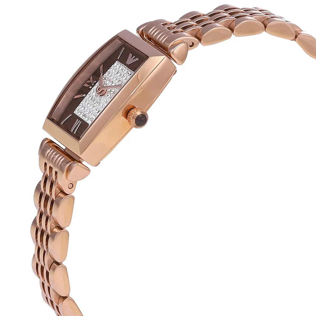 Emporio Armani AR11407 side view showing square case profile and rose gold bracelet
