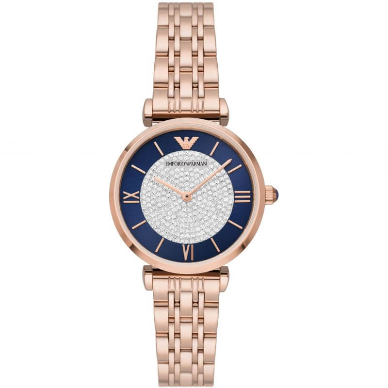 AR11423 rose gold-tone watch with navy dial, crystal center, and Roman numerals
