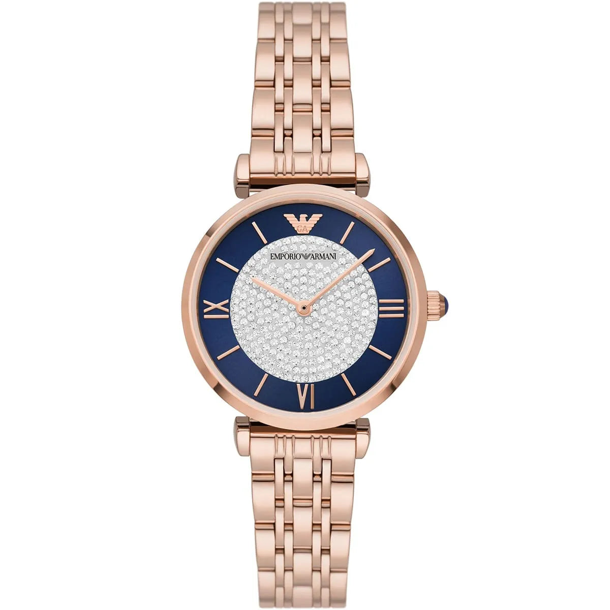 Emporio Armani AR11423 watch front view with rose gold case and navy dial