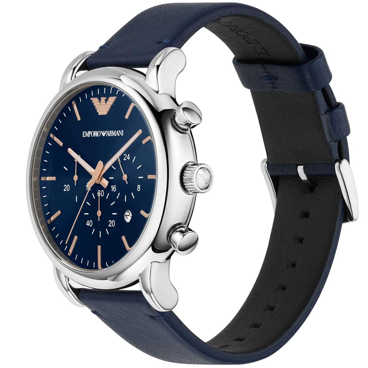 Emporio Armani AR11451 side view showing chronograph pushers and navy leather strap
