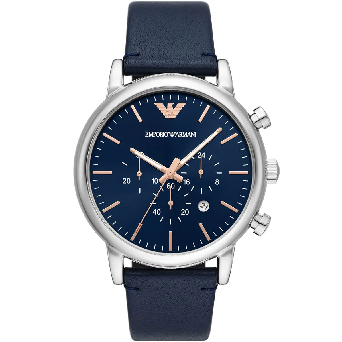 Emporio Armani AR11451 quartz chronograph with blue dial and stainless steel case