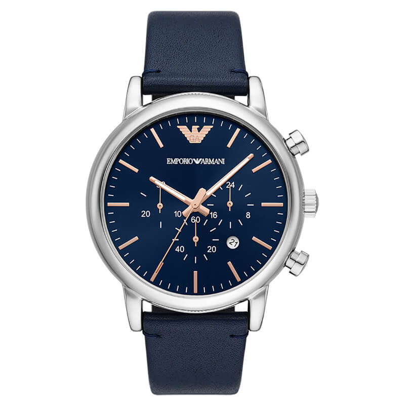Emporio Armani AR11451 men's chronograph with blue sunburst dial and rose gold accents