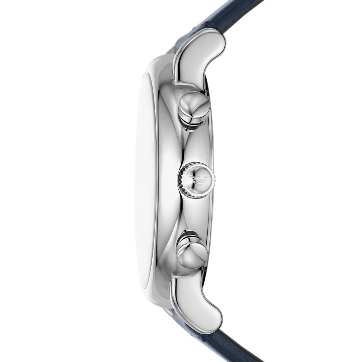 Emporio Armani AR11451 side profile showing stainless steel case and chronograph pushers
