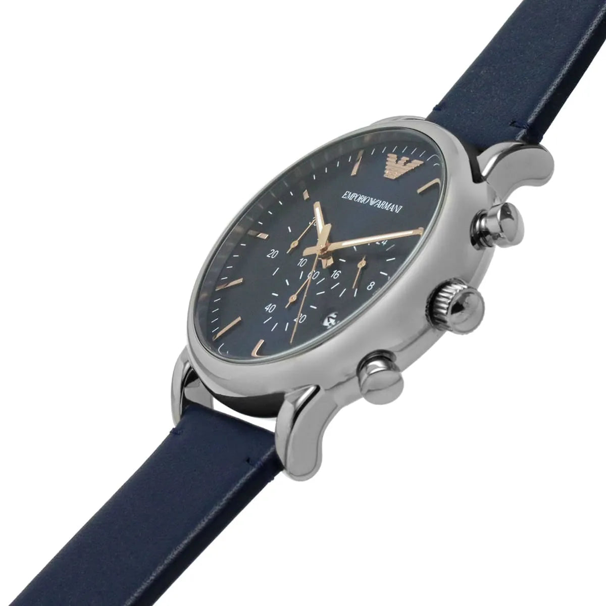 Emporio Armani AR11451 angled view of chronograph with blue dial and navy strap