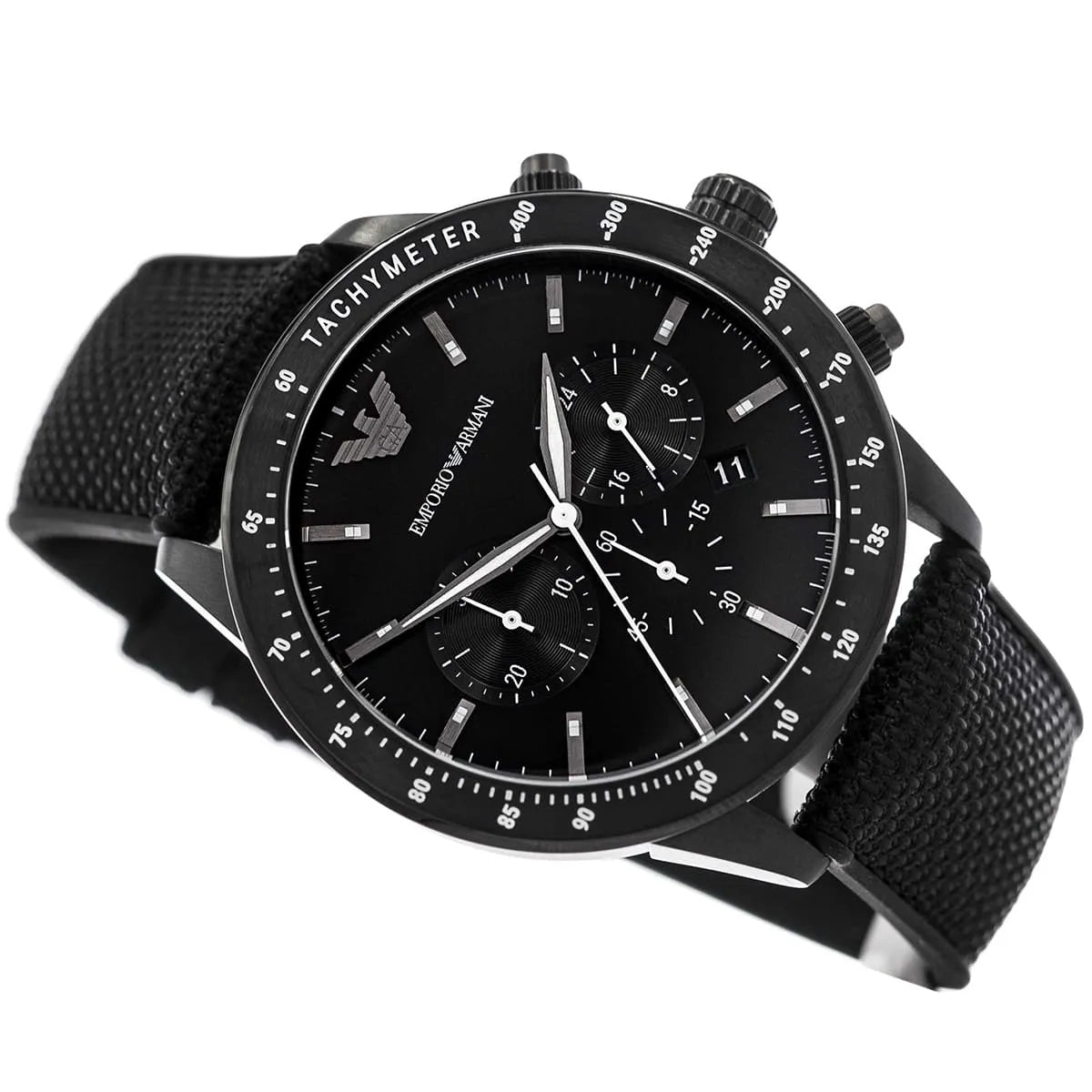 Emporio Armani Mario chronograph watch angled view with black dial and nylon strap