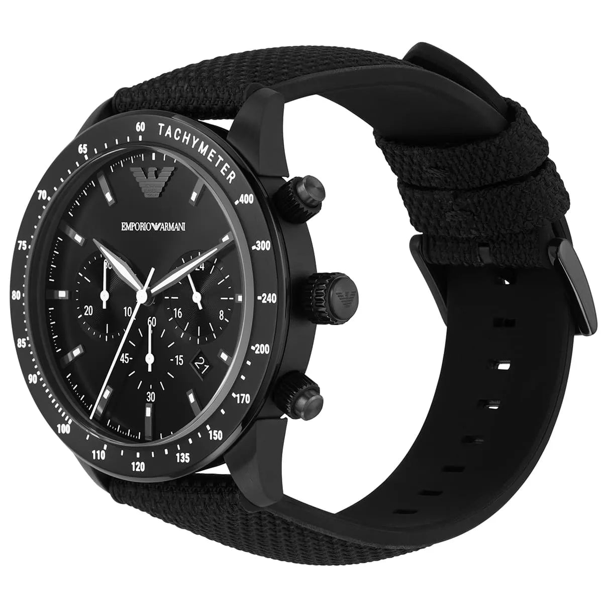 Emporio Armani Mario chronograph watch angled view showing dial and strap