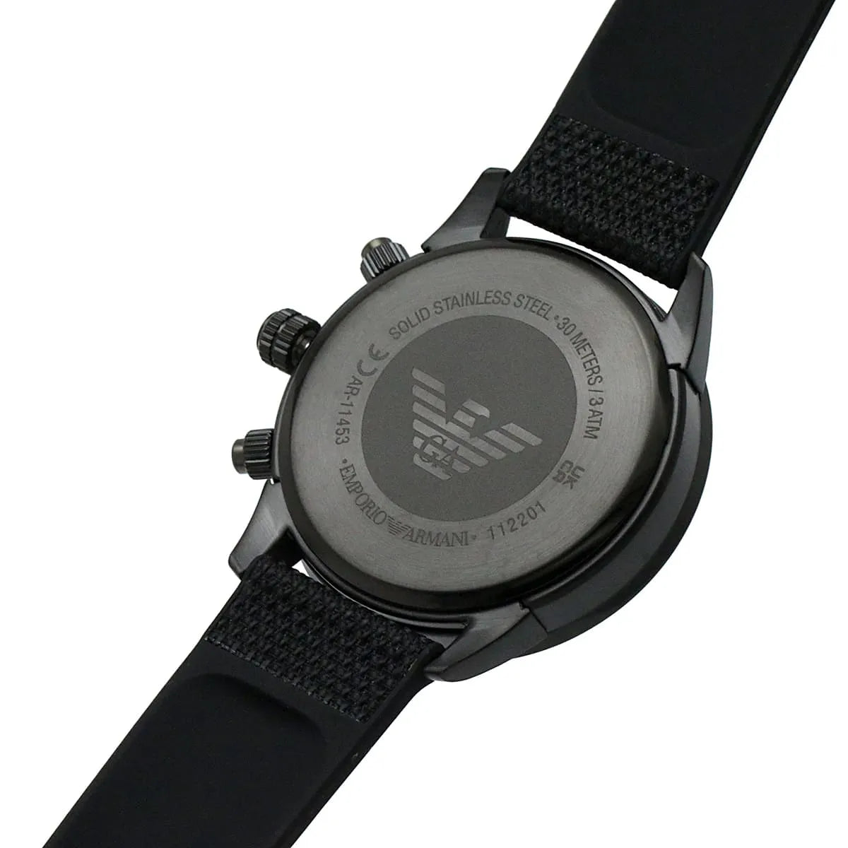 Emporio Armani Mario watch caseback with Armani eagle logo and model details