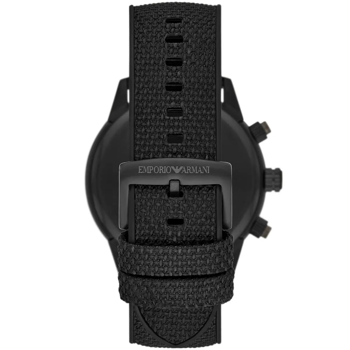 Emporio Armani Mario watch caseback showing stainless steel with Armani logo