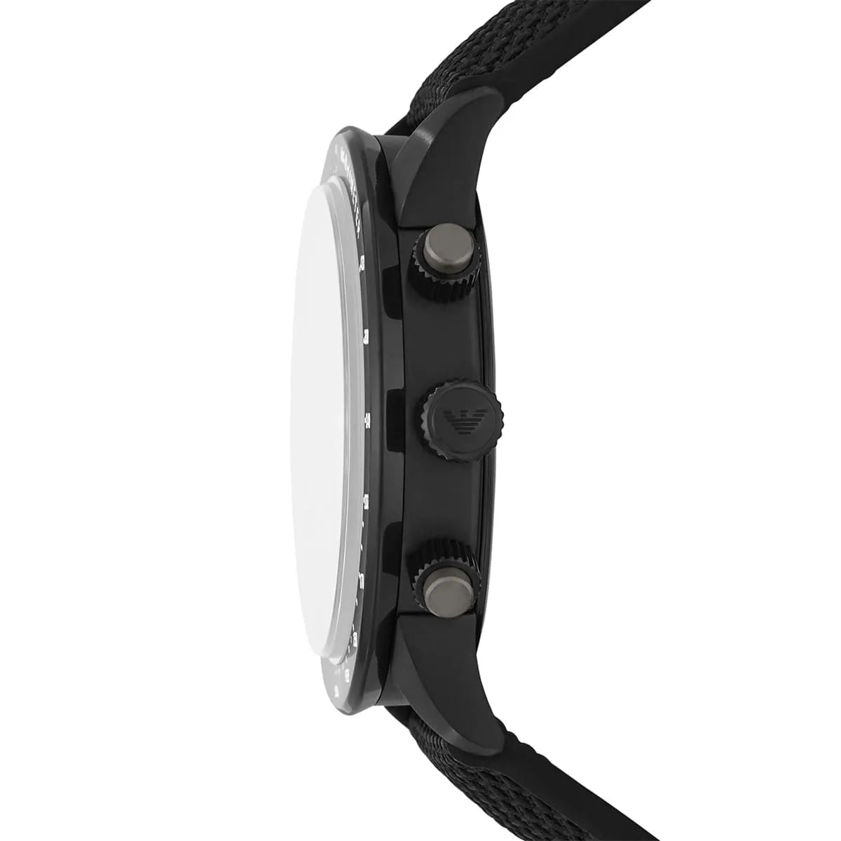 Emporio Armani Mario chronograph watch side view showing case and pusher buttons