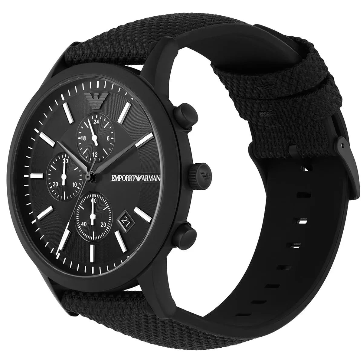 Emporio Armani Renato AR11457 chronograph displayed on wrist with black strap