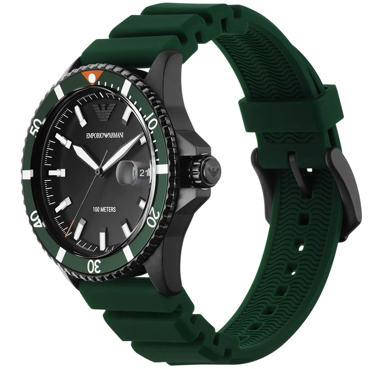 Emporio Armani AR11464 watch at three-quarter angle showing black case, green strap and dial