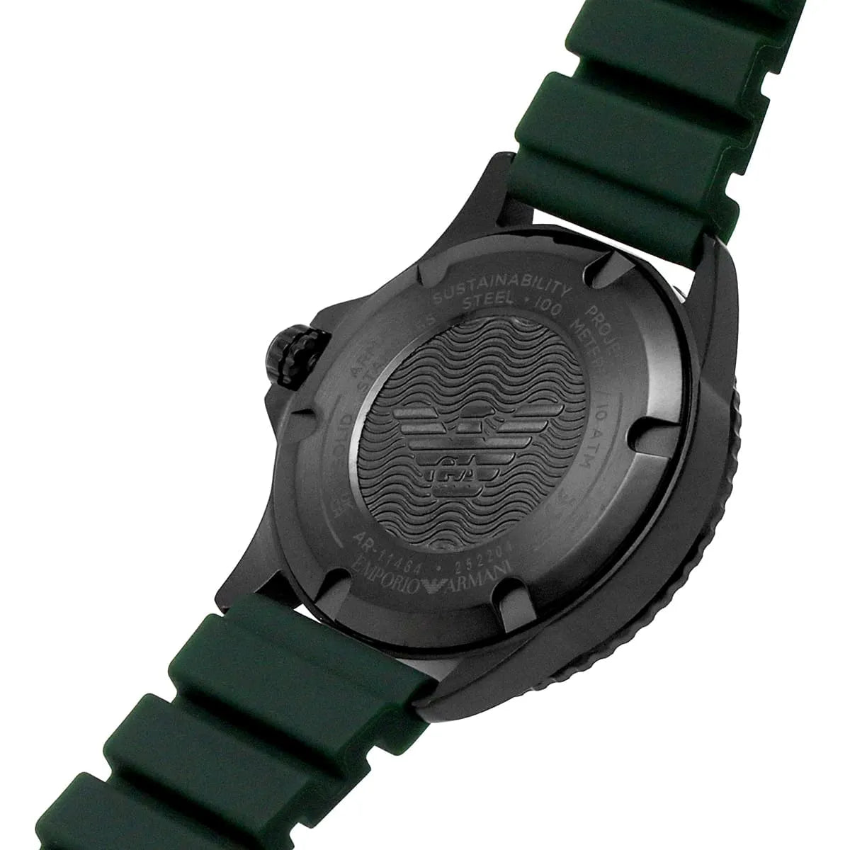 Emporio Armani AR11464 caseback view with Emporio Armani branding and wave dial pattern
