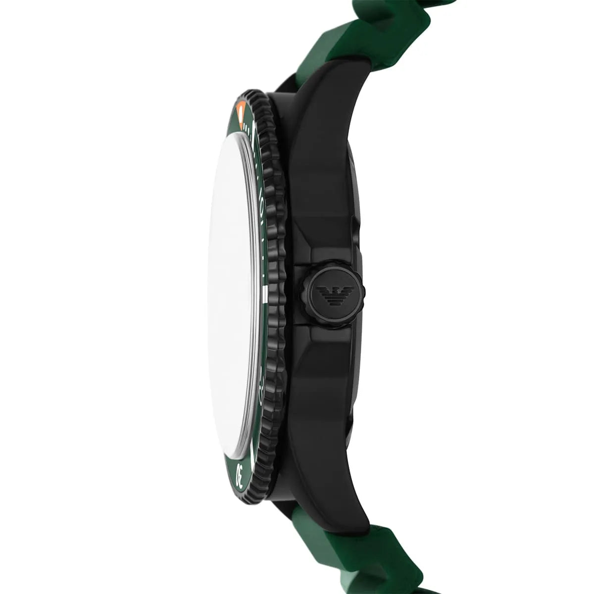 Emporio Armani AR11464 watch side view showing case thickness and green strap attachment