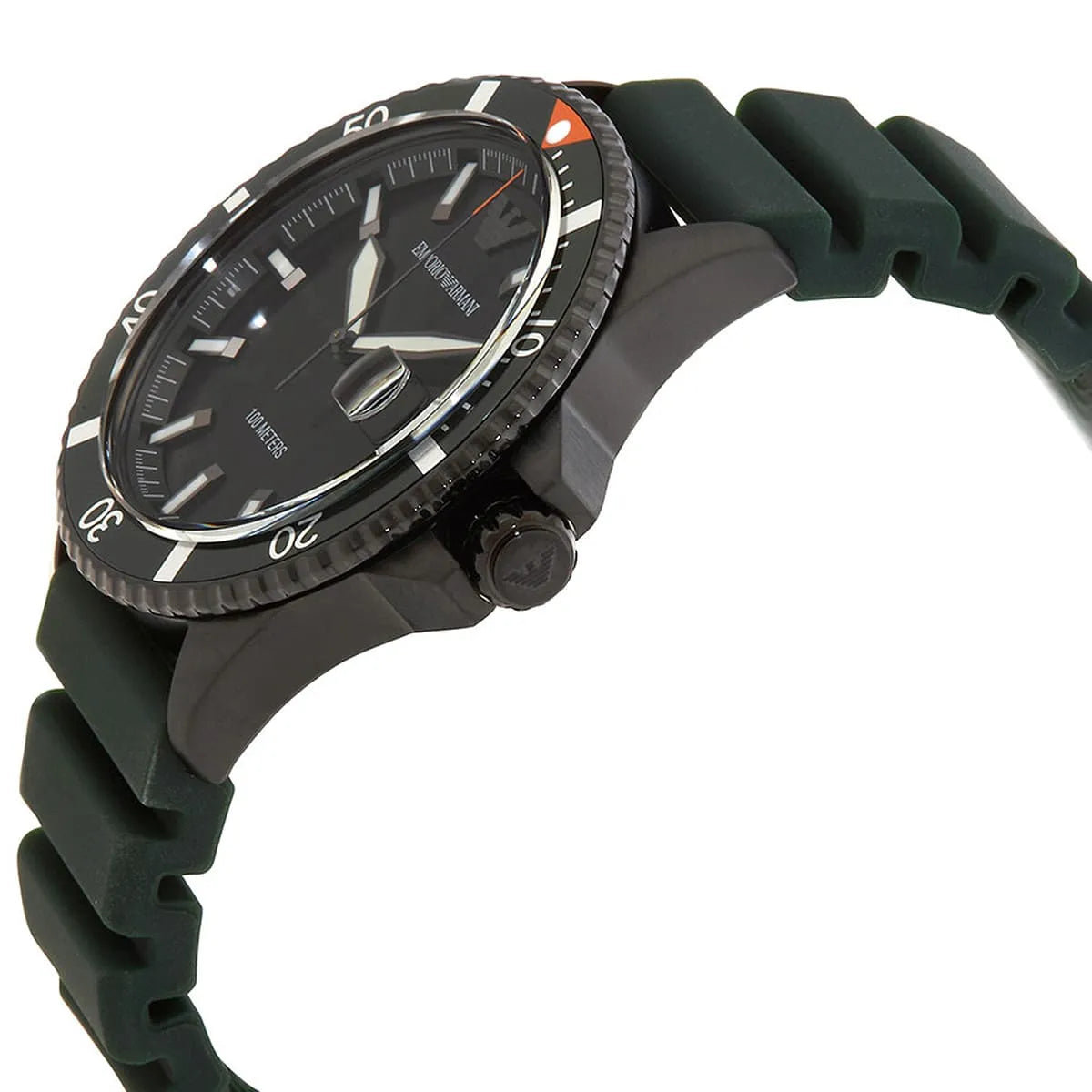 Emporio Armani AR11464 side profile with black case, crown and green silicone strap