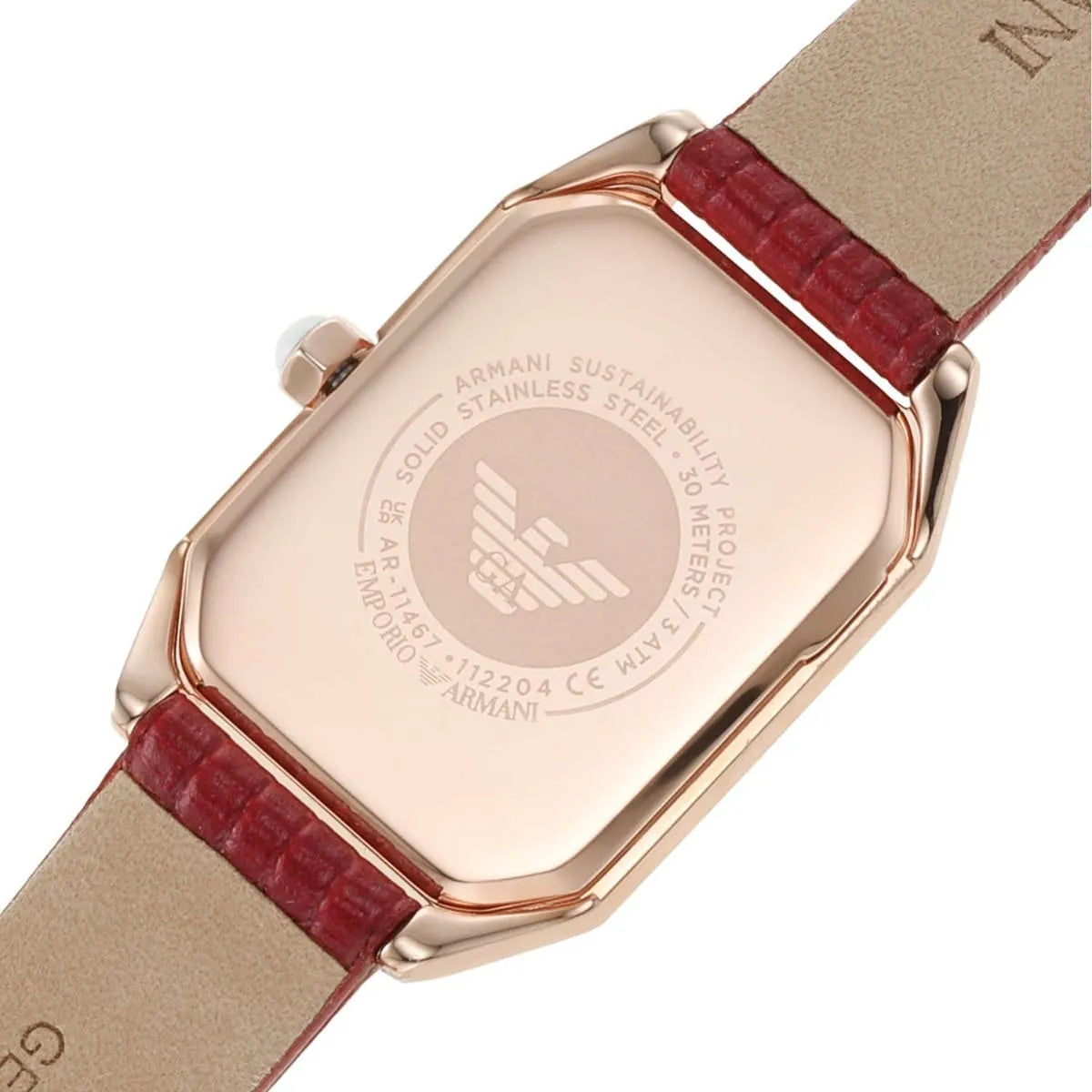 Emporio Armani Gianni T Bar caseback showing stainless steel case with eagle logo and specifications