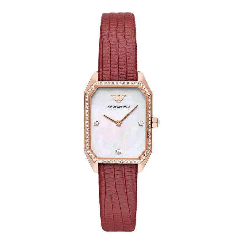 Emporio Armani Gianni T Bar watch with mother-of-pearl dial, rose gold case and red leather strap