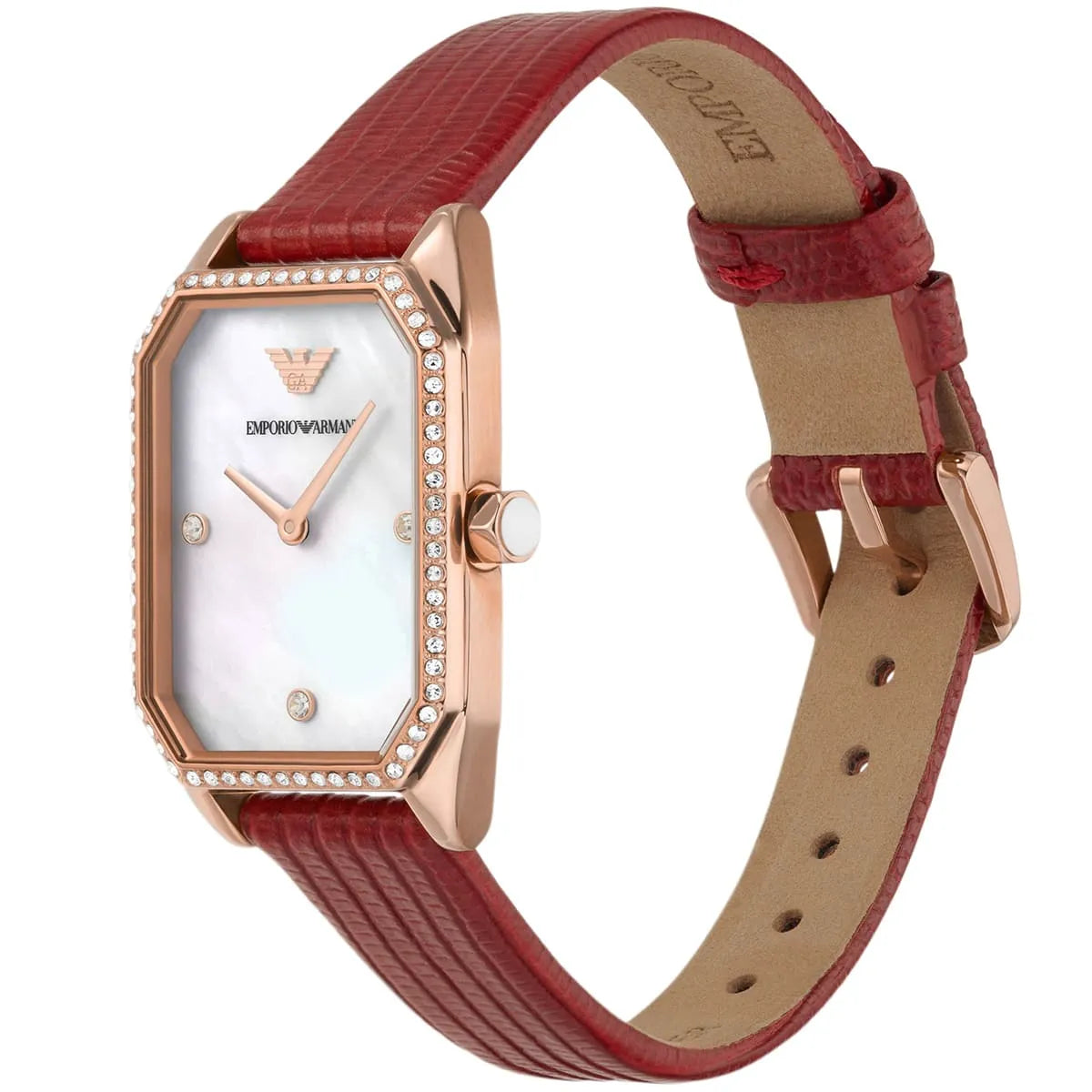 Emporio Armani Gianni T Bar watch on wrist showing red leather strap and diamond bezel