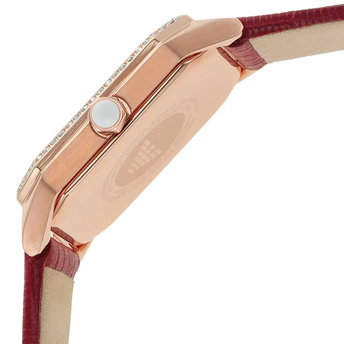 Side view of Emporio Armani Gianni T Bar showing rose gold case profile and red leather strap