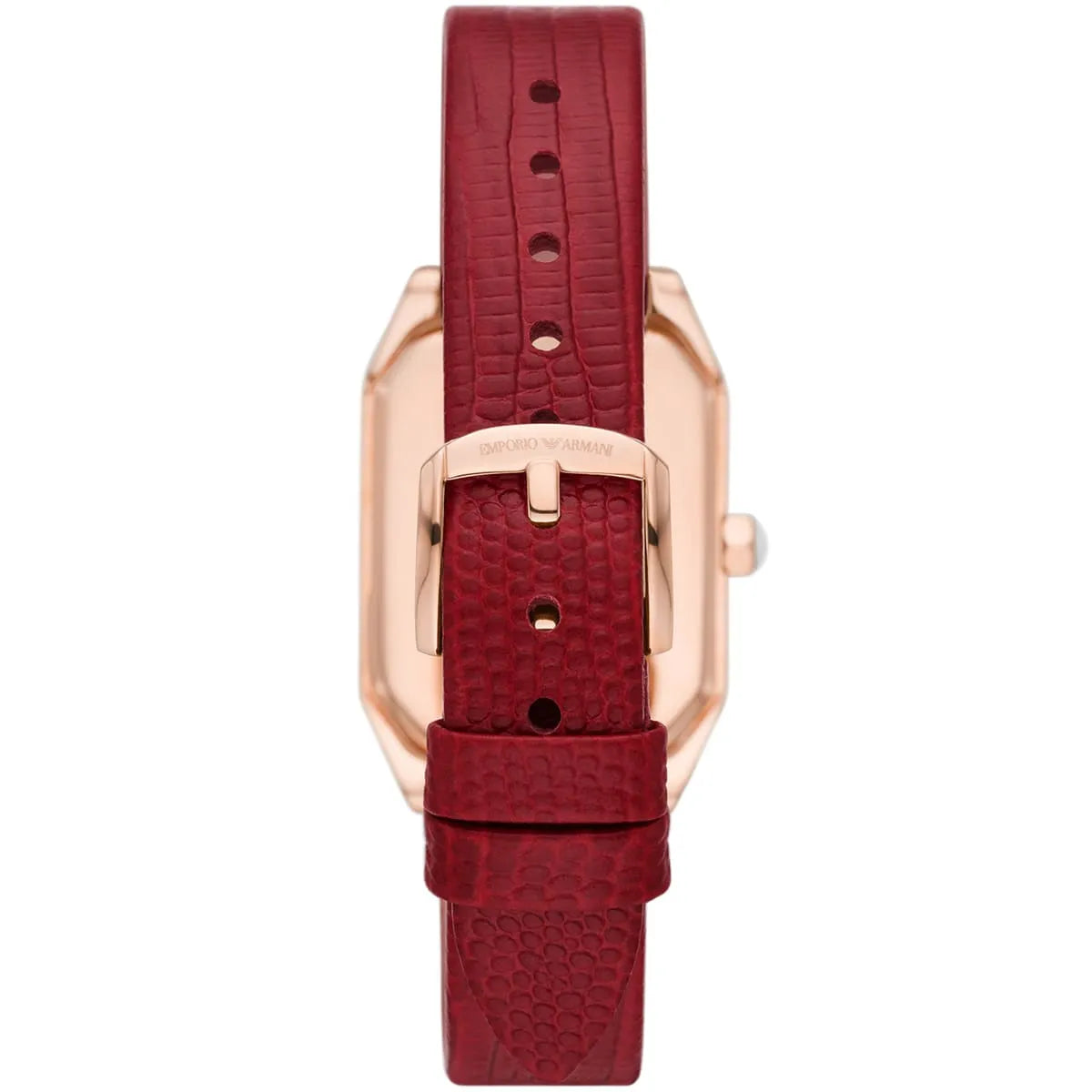 Red leather crocodile-textured strap with rose gold buckle on Emporio Armani Gianni T Bar