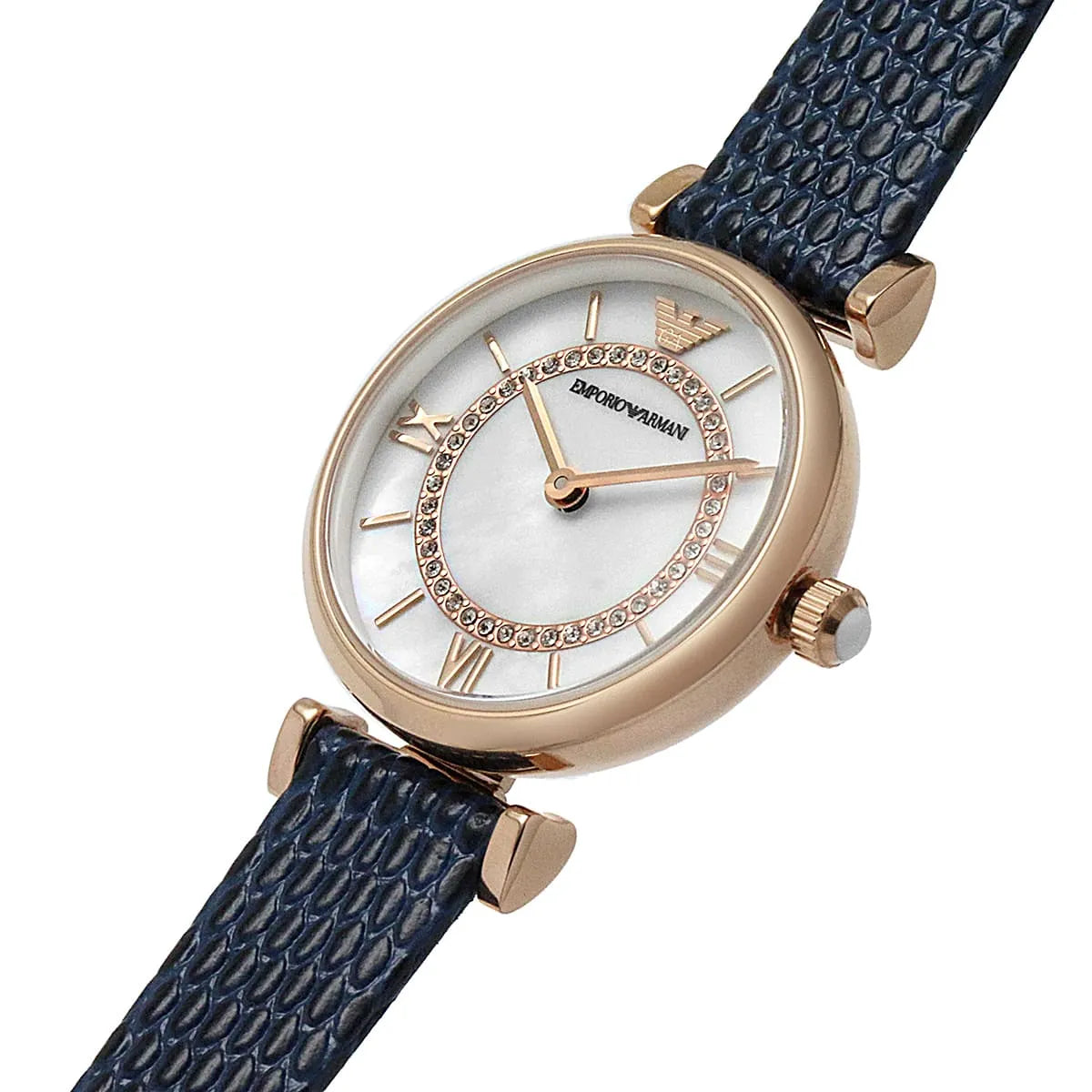 Emporio Armani Gianni T-Bar Analog Mother of Pearl Dial Blue Leather Strap Watch AR11468