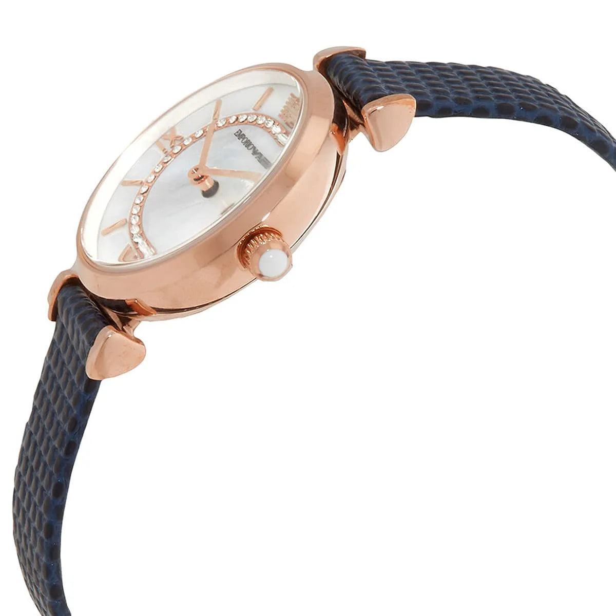 Emporio Armani Gianni T-Bar Analog Mother of Pearl Dial Blue Leather Strap Watch AR11468