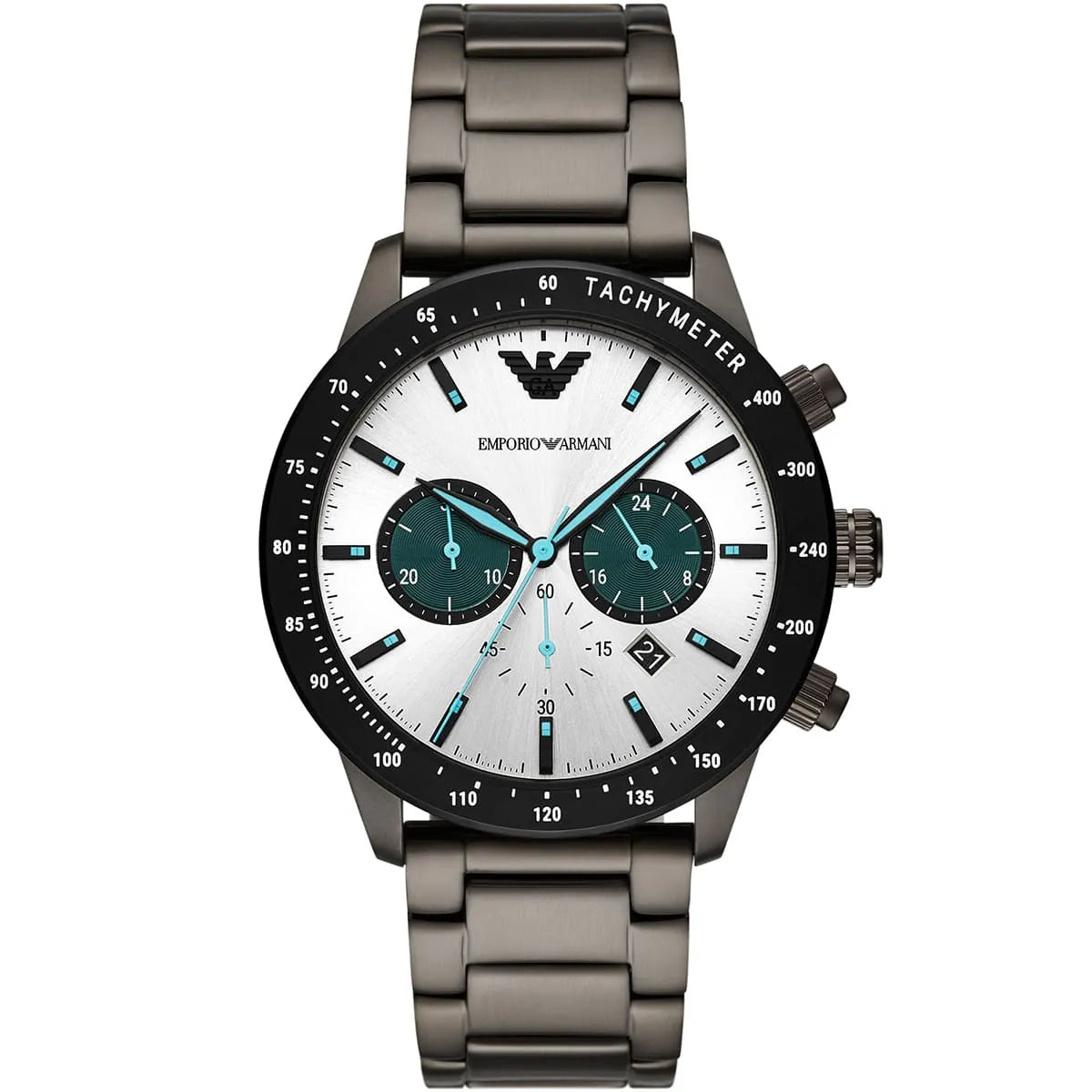 Emporio Armani Mario chronograph watch with white and gunmetal dial, teal subdials, and gunmetal metal bracelet