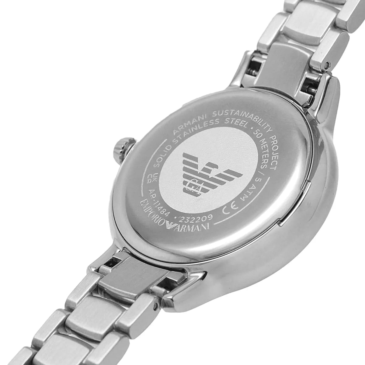 Emporio Armani AR11484 watch caseback showing stainless steel with Emporio Armani eagle logo and specifications