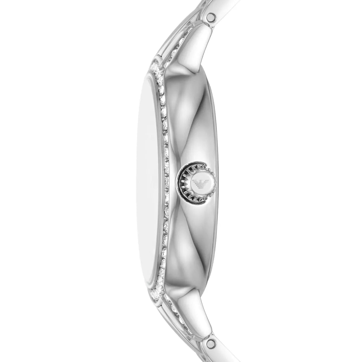 Emporio Armani AR11484 watch side view showing bezel crystals and stainless steel case profile