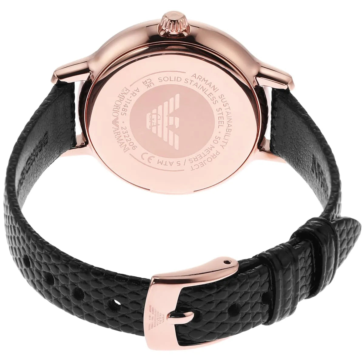 Emporio Armani MOP Dial Rose Gold Black Leather Women's Watch Ar11485