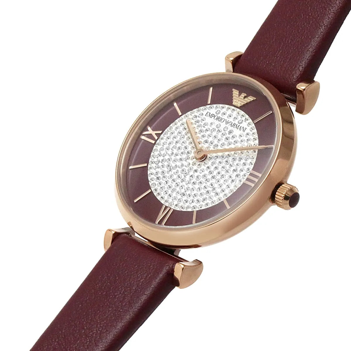 Angled view of Emporio Armani Gianni T Bar crystal-studded dial with Roman numerals