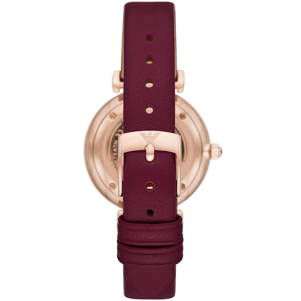 Emporio Armani watch caseback showing rose gold case back and purple leather strap
